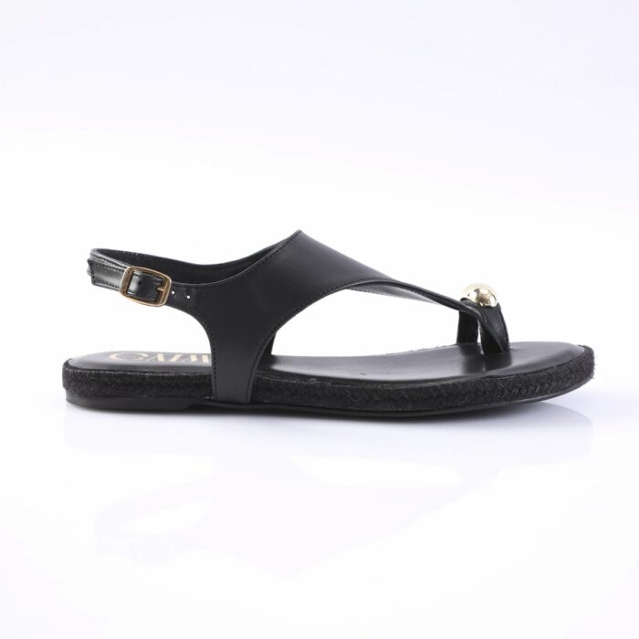 Black leather sandal with ankle strap and gold buckle, open-toe thong design for casual wear.