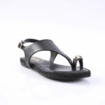 Black leather thong sandal with ankle strap and a gold-toned knob at the toe loop.
