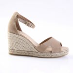 Beige open-toe wedge sandal with ankle strap and braided jute heel, side view