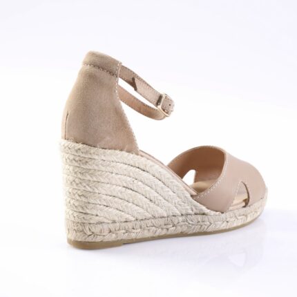 Beige women's espadrille wedge sandal with ankle strap and braided jute sole