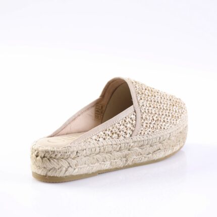 Beige woven espadrille slip-on with a braided jute sole and soft upper detailing the product style
