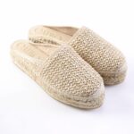 Beige woven espadrille slip-ons with jute midsole, casual flat shoes for summer.
