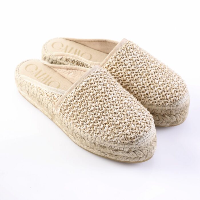 Beige woven espadrille slip-ons with jute midsole, casual flat shoes for summer.
