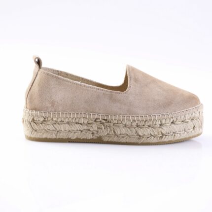 Beige suede espadrille shoe with a thick rope-wrapped platform and natural jute trim on the sole.