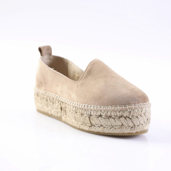 Beige suede espadrille with a braided jute sole and pull-tab at the back for a casual shoe look