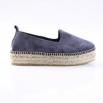 Blue suede espadrille shoe with a woven rope sole, side view (slip-on)