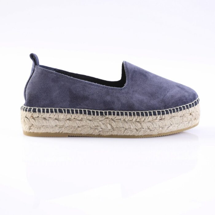 Blue suede espadrille shoe with a woven rope sole, side view (slip-on)