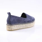 Blue suede espadrille shoe with braided jute sole, side view