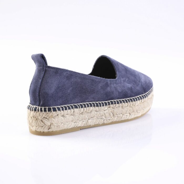 Blue suede espadrille shoe with braided jute sole, side view