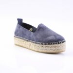 Blue suede espadrille with a rope-wrapped platform sole in a casual slip-on style