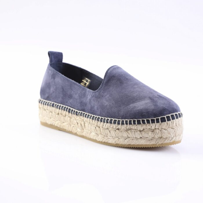Blue suede espadrille with a rope-wrapped platform sole in a casual slip-on style