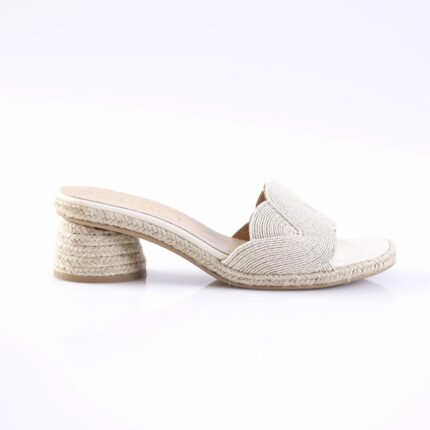 Beige woven-strap slide sandal with braided rope block heel, open toe.