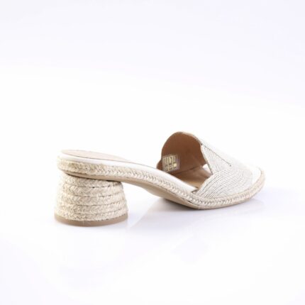 Beige woven espadrille mule with a braided rope block heel, side view