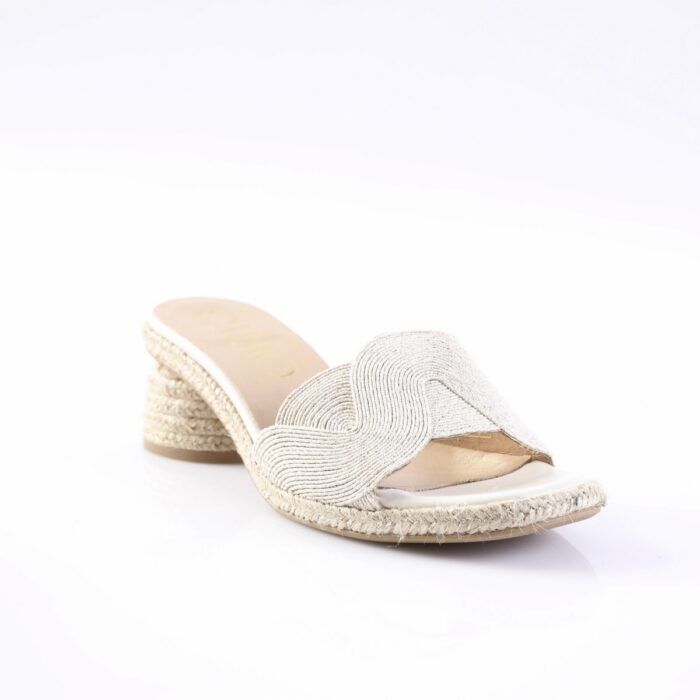 Beige metallic wedge sandal with a braided rope sole and a wavy decorative strap, shown from the side (open toe).