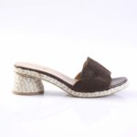 Brown open-toe espadrille sandal with a braided fabric strap and a rope-wrapped block heel on a white background