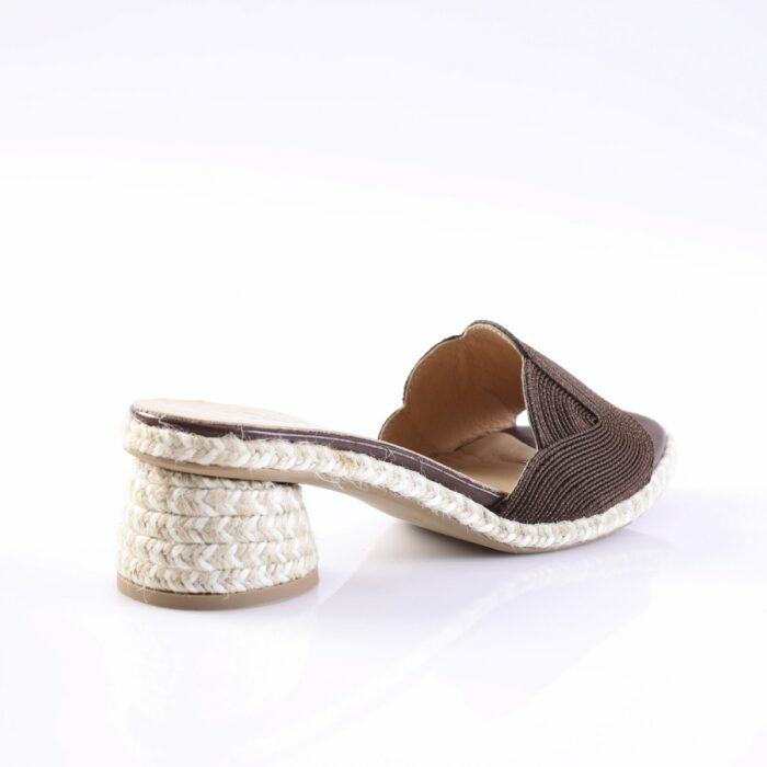 Brown open-toe espadrille sandal with a braided rope block heel on a white studio background