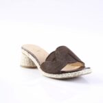 Brown espadrille slide sandal with a braided fabric strap and rope-wrapped platform, open toe, on a white background