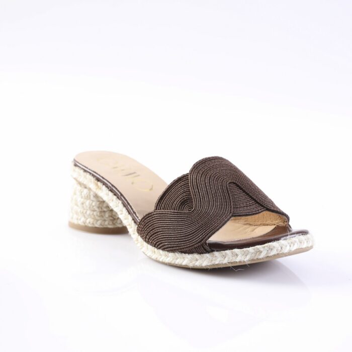 Brown espadrille slide sandal with a braided fabric strap and rope-wrapped platform, open toe, on a white background
