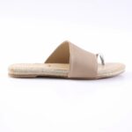 Beige slide sandal with a wide leather strap and braided jute midsole, viewed from the side on a white background
