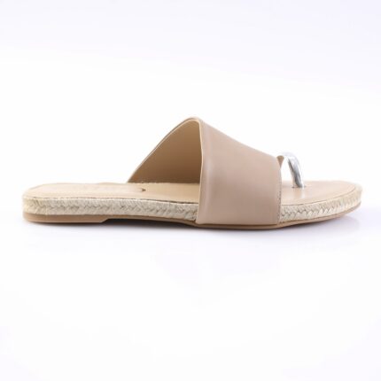 Beige slide sandal with a wide leather strap and braided jute midsole, viewed from the side on a white background