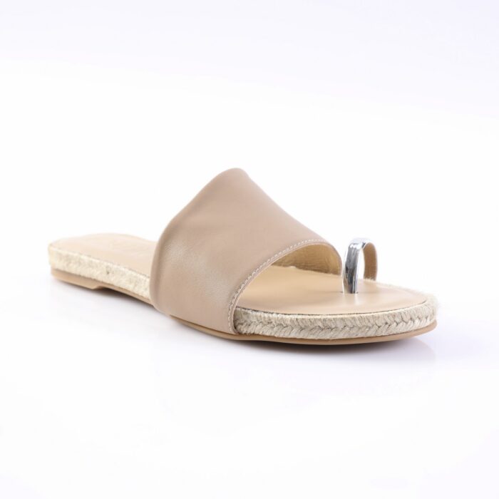 Beige open-toe slide sandal with a single wide strap and braided rope sole.