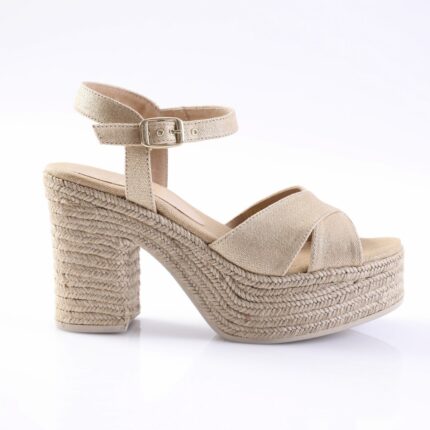 Beige wedge sandal with braided espadrille heel, open toe, and ankle strap with a buckle