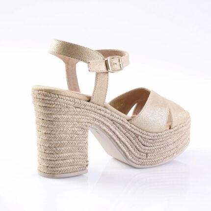Beige strappy wedge sandal with a braided rope heel and ankle strap with buckle.