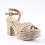 Gold metallic wedge sandal with braided espadrille platform and ankle strap with buckle