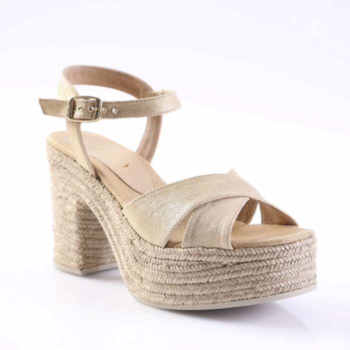 Gold metallic wedge sandal with braided espadrille platform and ankle strap with buckle