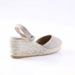 Silver glitter espadrille wedge sandal with braided jute sole and ankle strap with buckle (women's shoe)