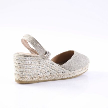 Silver glitter espadrille wedge sandal with braided jute sole and ankle strap with buckle (women's shoe)