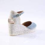 Women’s light blue espadrille wedge sandal with braided jute sole and ankle strap with buckle