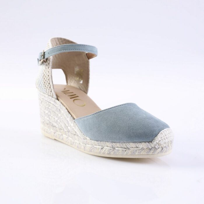 Light blue suede espadrille wedge sandal with ankle strap and braided rope sole