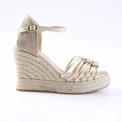 Gold metallic espadrille wedge sandal with ankle strap and braided jute sole, side view to highlight design