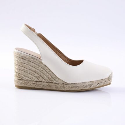 White wedge espadrille with braided jute rope sole and slingback strap