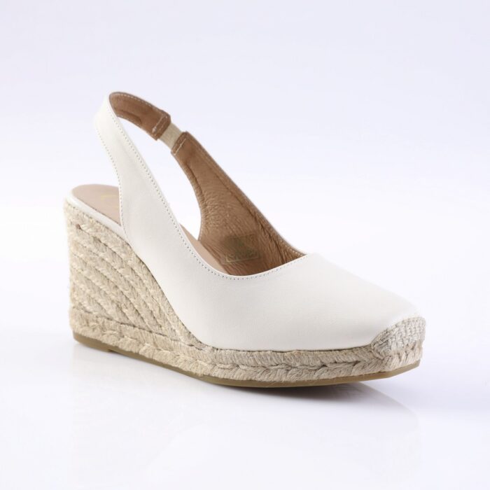 White leather wedge espadrille with slingback ankle strap and braided jute heel