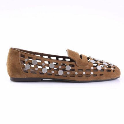 Brown suede perforated flat shoe with lattice cutouts, silver stud embellishments, and a decorative bow. (Side view)