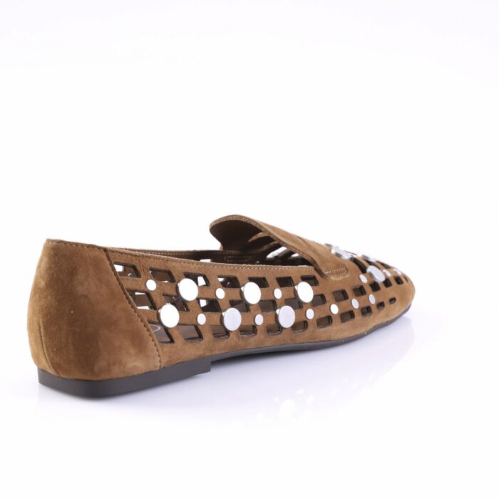 Brown suede perforated ballet flat with circular cutouts, shown from a side angle.