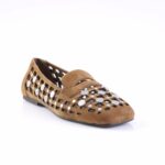 Brown suede women's flat with a cutout lattice design and silver studs on top.