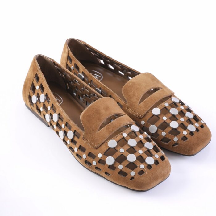 Pair of brown suede perforated flat shoes with circular silver studs on a lattice design.