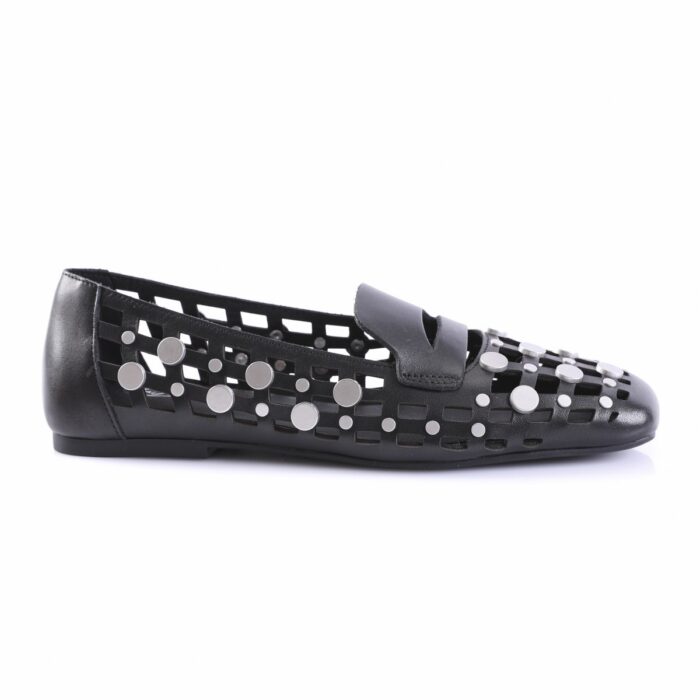 Black perforated ballet flat with a strap, featuring silver studs and a flat sole for casual wear
