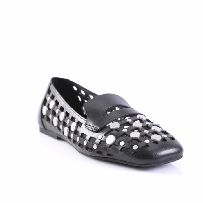 Black slip-on shoe with a lattice cut-out design and round metal studs across the upper surface