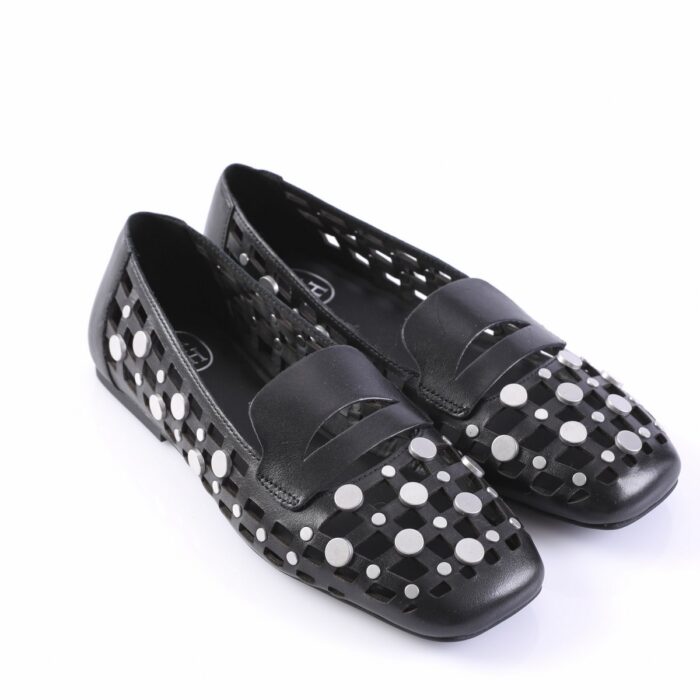Pair of black leather loafers with silver circular studs and a strap across the vamp, on a white background.