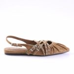 Brown suede flat sandal with multiple studded straps and back ankle buckle, open toe design, flat sole