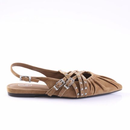 Brown suede flat sandal with multiple studded straps and back ankle buckle, open toe design, flat sole