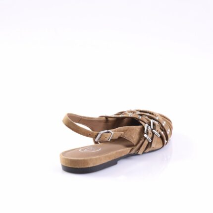 Brown suede flat sandal with an ankle strap and multiple buckle-fastened braided straps.
