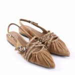 Brown suede slingback flats with ruching and studded straps, pointed toes, casual chic look