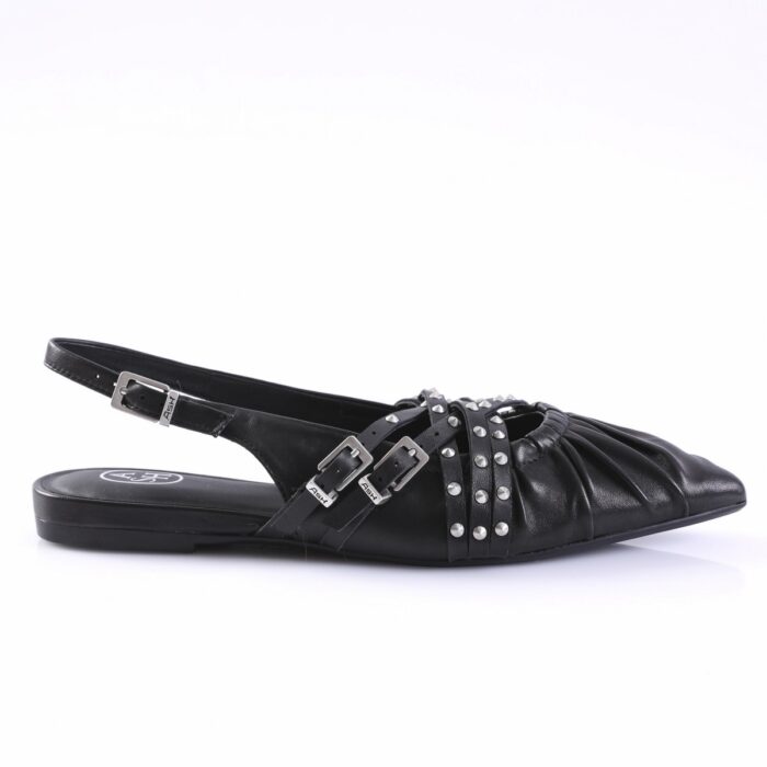Black leather flat sandal with multiple studded straps, two buckles, and a slingback on a white background.