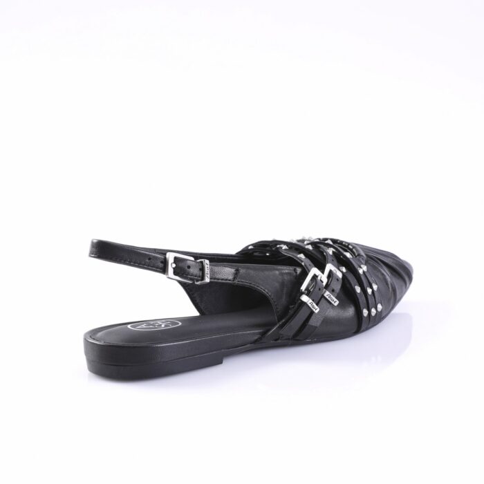 Black flat sandal with multiple studded straps and an ankle buckle.