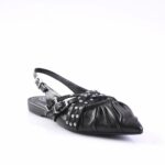 Black leather slingback sandal with ruched front and silver studs across the straps.
